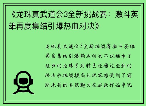 《龙珠真武道会3全新挑战赛：激斗英雄再度集结引爆热血对决》